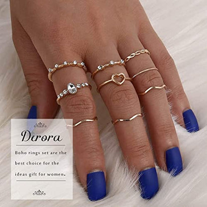 Boho Rings Set Gold Ring Crystal Joint Knuckle Finger Rings Stackable Ring Jewelry for Women (F)
