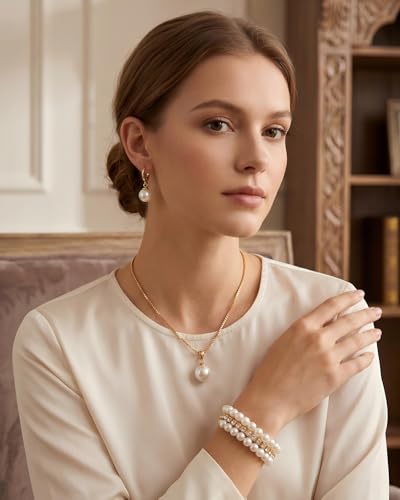 Pearl Necklace Set - Faux Pearl Earrings and Bracelets Jewelry Set for Women Wedding Bridal Shower Tea Party Accessories - style: 8pcs-gold