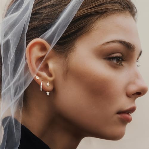 3 Pairs Stackable Kite Stud Earrings Set for Women Trendy | Dainty Birthstone Stud Gold & 925 Sterling Silver Huggie Hoop Jacket Stack Earrings for Women 2026 - color: Gold-Zircon