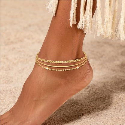 MPRAINBOW Waterproof Gold Anklets for Women - 14k Gold Plated Ankle Bracelets,Summer Beach Surf Foot Chain Multilayered Stacked Bracelet Anklet Set,Layered Trendy Jewelry for Girlfriend - color: Cuban Chain