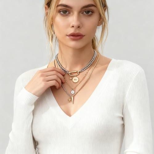 Layered Necklace Set for Women, Mixed Metal Evil Eye Charm Jewelry, Trendy | Mixed Metal Layered Necklace with Evil Eye, Star and Spike Charms for Women Who Love Trendy Boho & Edgy Jewelry - style: 3PCS