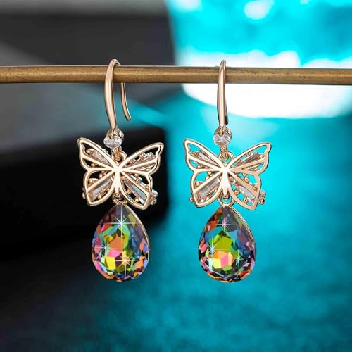 Austrian Crystal Teardrop Butterfly Drop Dangle Earrings for Women 14K Rose Gold Plated Hypoallergenic Jewelry - color: Vitrail Medium