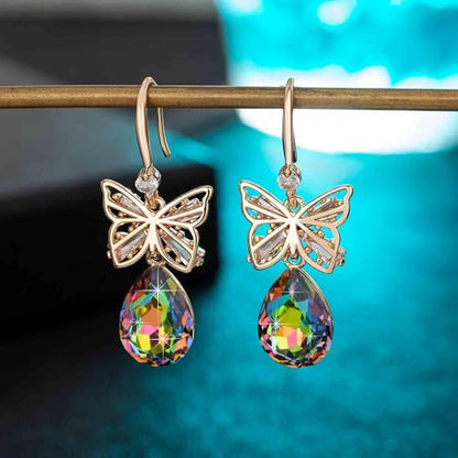 Austrian Crystal Teardrop Butterfly Drop Dangle Earrings for Women 14K Rose Gold Plated Hypoallergenic Jewelry - color: Vitrail Medium