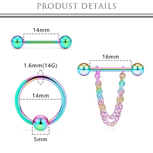 Hoeudjo 14Pcs 14G Surgical Steel Chain Dangle Nipple Rings Barbell Piercing Jewelry Retainer for Women - color: 7 Pairs/14G/Rainbow