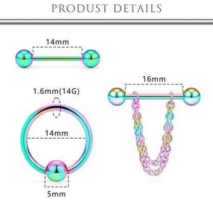 Hoeudjo 14Pcs 14G Surgical Steel Chain Dangle Nipple Rings Barbell Piercing Jewelry Retainer for Women - color: 7 Pairs/14G/Rainbow
