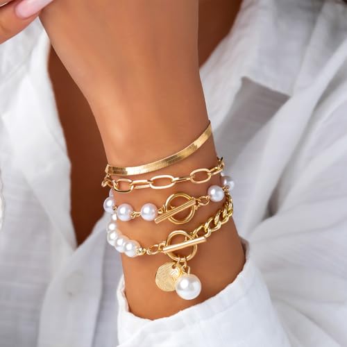 Gold Silver Beaded Pearl Bracelets Stacked for Women Coin Chain Accessories | Statement Stack OT Buckle Bracelet, Charm Stackable Pearls Coins Drop Paperclip Link, Fashion Layered Prom Party Jewelry Gift - color: Gold