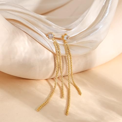 Robaice Long Gold Dangle Earrings for Women, 14K Plated Tassel Earring | Gold Chain Dangling Earrings, Trendy Drop Prom Earring, Lightweight Statement Party Jewelry, Gift for Women - style: D-CZ dangle drop tassel