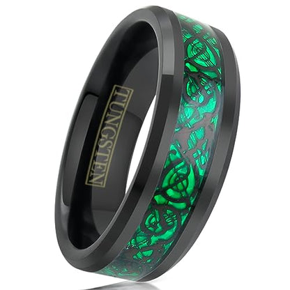 Engraved Personalized 6mm/8mm Polished Black Tungsten Carbide Band Ring w/Black Celtic Dragon on Iridescent Kelly Green Faux Carbon Fiber Inlay.
