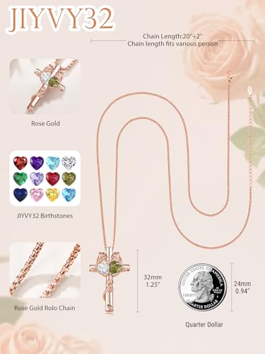 Rose Gold Cross Necklace with 2 Birthstones and Rose | Cross with Birthstone Necklace, Hypoallergenic, Adjustable Rolo Chain, Birthday Gifts, Catholic Christian Religious Jewelry - color: 04-08-Apr-Aug Birthstone