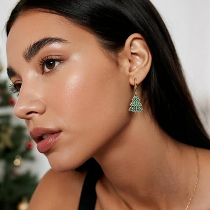 Sonateomber Gold Silver Small Hoop Dangle Earrings for Women, Trendy Dainty Rhinestone CZ Dangling Prom Wedding Leaf Flower Snowflake Butterfly Starfish Fashion Jewelry Gift - color: Green Tree
