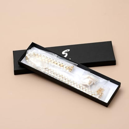S SUSANN Costume Layered Twisted Gold Pearl Necklace Choker Chunky Glass Statement Pearl Necklace and Earring set, good gift for women Faux pearl necklace set - style: white rhinestones short choker