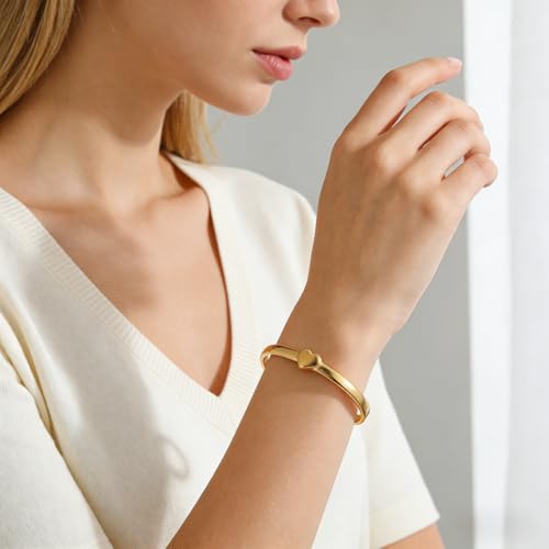 Heart Bangle Bracelet for Mom Silver/Gold Stainless Steel Bracelet for Women Oval Bangle Love Chunky Bracelets - color: 6mm Gold