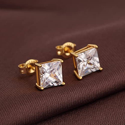 Jiamiaoi 18K White Gold Plated Stud Earrings 925 Sterling Silver Round and Square Cut Princess Cut 5A+ Cubic Zirconia Stud Earrings 4mm to 8mm Fashion Jewelry for Men Women - color: F-Square Cut Yellow, size: 7mm