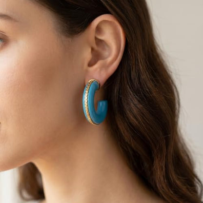 Gold Plated Resin Chunky Hoop Earrings Hypoallergenic Push Back Hoops for Sensitive Ears - color: Sky Blue