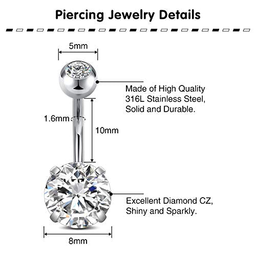 QWALIT Belly Button Rings 14G Surgical Steel Belly Rings CZ Opal Navel Piercing Jewelry for Women Girls 3/8" 10mm Silver Rose Gold - color: A11-8pcs black & silver