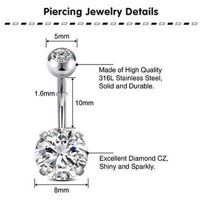 QWALIT Belly Button Rings 14G Surgical Steel Belly Rings CZ Opal Navel Piercing Jewelry for Women Girls 3/8" 10mm Silver Rose Gold - color: A11-8pcs black & silver
