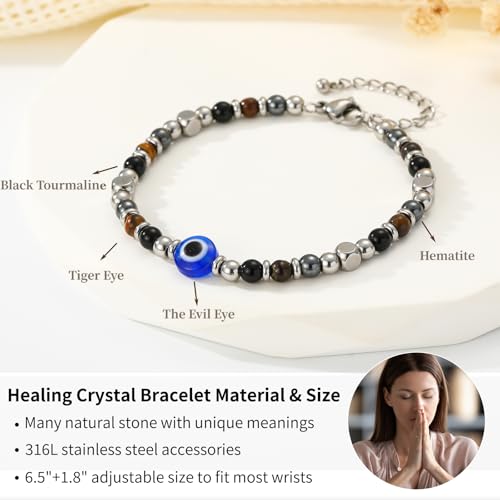 Natural Healing Crystal Bracelet for Women, Triple Protection Anxiety Relief New Beginnings Good Luck Empath Protection Jewelry Gift for Friends Daughter Mom 6.5+1.8 Inches - color: Protection-Eye-S