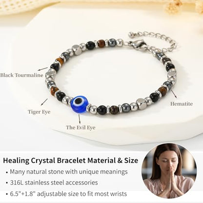 Natural Healing Crystal Bracelet for Women, Triple Protection Anxiety Relief New Beginnings Good Luck Empath Protection Jewelry Gift for Friends Daughter Mom 6.5+1.8 Inches - color: Protection-Eye-S