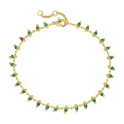 Gold Chain Bracelet for Women, 14K Gold Plated | Dainty Bracelets with Adjustable Chain, Trendy Jewelry Gift for Women - style: green crystal