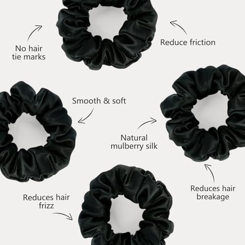 ZIMASILK 100% Pure Mulberry Silk Hair Scrunchies for Women | No Damage - Gentle Elastic Hair Ties for Ponytail Holder - Hair Accessories (4 Pack, Black) - color: Black (4pcs)