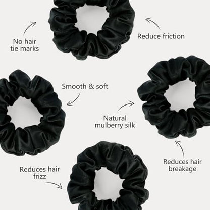 ZIMASILK 100% Pure Mulberry Silk Hair Scrunchies for Women | No Damage - Gentle Elastic Hair Ties for Ponytail Holder - Hair Accessories (4 Pack, Black) - color: Black (4pcs)
