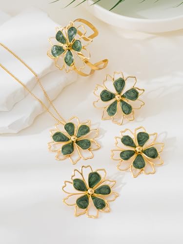 Gold Flower Jewelry Set For Women, 5 Pcs Chunky Golden Floral Pendant Necklace Bracelet Earrings Ring Set Statement Flower Jewelry Gifts For Beach Wedding - color: 5pcs-Green