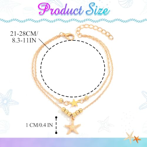 Sea Shell Starfish Anklet with Pearl Charms, Layered Heart Beach Statement Chunky Ankle Bracelet, Gold Tone Chain - color: Gold B
