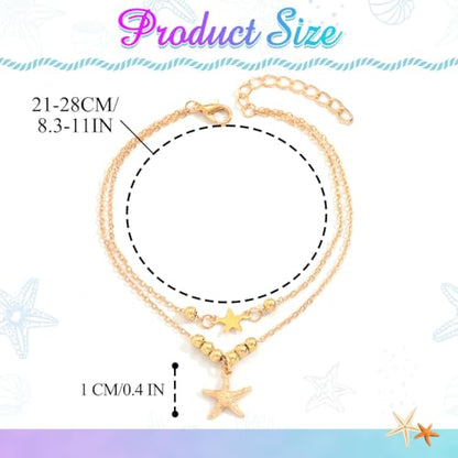 Sea Shell Starfish Anklet with Pearl Charms, Layered Heart Beach Statement Chunky Ankle Bracelet, Gold Tone Chain - color: Gold B