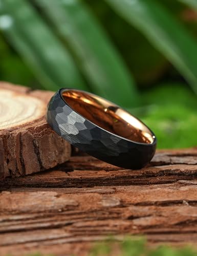King Will Men's Tungsten Carbide Wedding Ring Hammered Groove Wedding Band Mens Two Tone Engagement Ring for Men and Women Matte Brushed Finish Comfort Fit - color: 6MM Rose Gold-Black