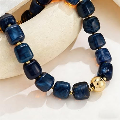 Colorful Statement Chunky Beaded Necklace for Women Large Square Resin Beads Y2K Trendy Bold Summer Vacation Boho Choker Jewelry - color: Blue