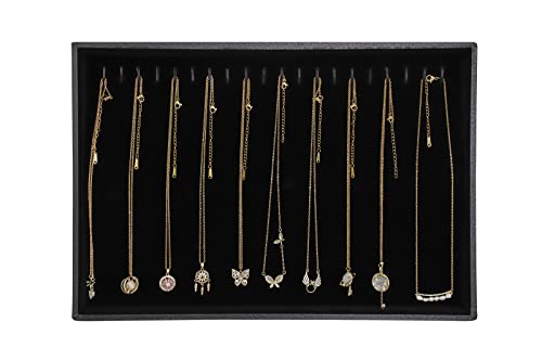Wudygirl Jewelry Organizer Leather Jewelry Tray for Drawer 13.7"x9.4" Black | 20 Hooks Necklace Organizer with Velvet Liner, Jewelry Tray for Storage, Ideal for Dresser Drawer, Gift Giving, Stackable - color: Black Necklace, size: 1 Pcs
