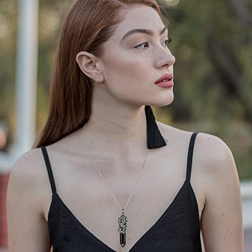 Top Plaza Flower Wrapped Natural Black Agate Crystal Necklace | Antique Silver Healing Crystal Gemstone Necklaces for Women Mothers Day Mom Gifts - color: Black Agate