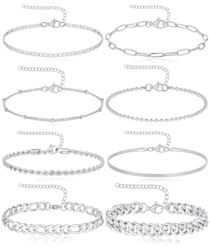 8Pcs Ankle Bracelets for Women Stainless Steel Waterproof Layered Cuban Figaro Link Chain Rope Paperclip Herringbone Satellite Bead Anklets Set Summer Beach Jewelry Gold Silver Tone 8.5 Inch - color: B:Silver