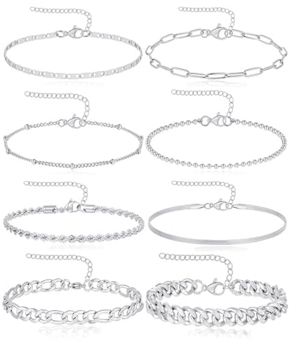 8Pcs Ankle Bracelets for Women Stainless Steel Waterproof Layered Cuban Figaro Link Chain Rope Paperclip Herringbone Satellite Bead Anklets Set Summer Beach Jewelry Gold Silver Tone 8.5 Inch - color: B:Silver