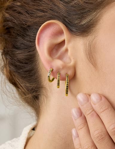 5 Pairs Huggie Hoop Earrings, Cubic Zirconia 14K Gold-Plated 316L Surgical Steel, Hypoallergenic Lightweight Design for Women & Men Cartilage & Multi-Piercing Stacking(13-21mm) - color: D+gold+black