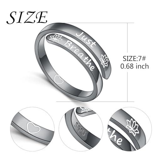 Ladytree Adjustable Inspirational Rings 925 Sterling Silver Stacking Wrap Spiral Twist Statement Band Encouragement Birthday Gift for Women Men - style: just breathe black