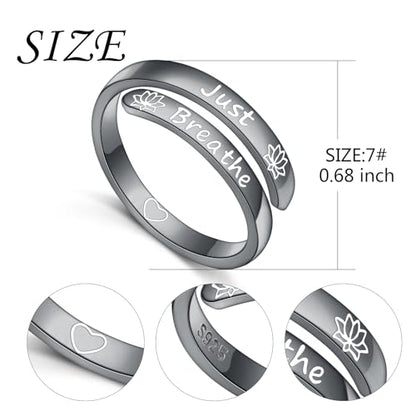 Ladytree Adjustable Inspirational Rings 925 Sterling Silver Stacking Wrap Spiral Twist Statement Band Encouragement Birthday Gift for Women Men - style: just breathe black