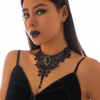 Black Lace Choker Necklace for Women Halloween Gothic Vampire Red Crystal Necklaces Steampunk Cosplay Costume Party Necklace Halloween Jewelry - color: Black