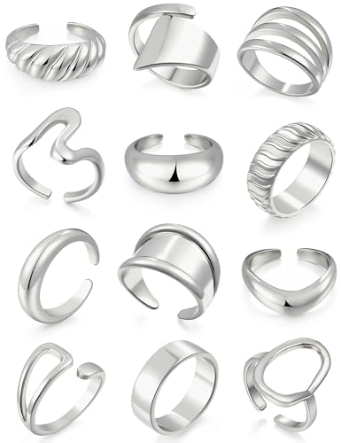 17 MILE Chunky Gold Stackable Rings for Women Non Tarnish, 18K Gold-Plated Statement Open Stacking Rings, Knuckle Band Ring Set - color: Silver Golor 12 Pcs