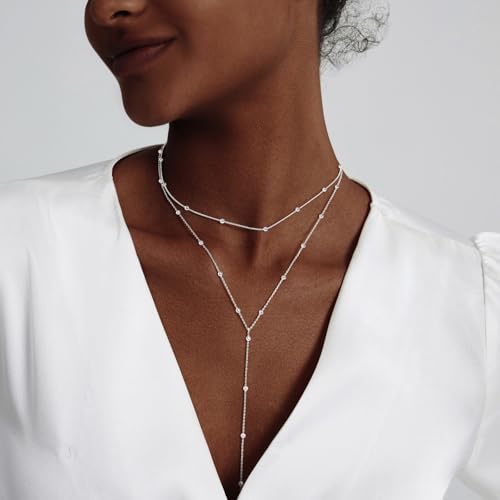 LULII Gold Necklace for Women Trendy Lariat Y Necklace Dainty 14k Gold Plated/Silver Long Necklaces for Women Layered Beaded Drop Necklaces Simple Y-Shaped Chain Jewelry Gifts - color: Y Layered Bead Necklace-Silver