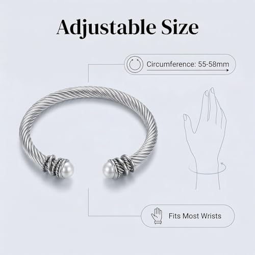 Stainless Steel Twisted Cable Wire Bracelet, Twisted Cable Bracelet with Composite Shell Pearl 6" Cuff Bracelets - color: Silver