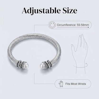 Stainless Steel Twisted Cable Wire Bracelet, Twisted Cable Bracelet with Composite Shell Pearl 6" Cuff Bracelets - color: Silver