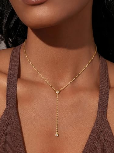 Tewiky Dainty 14k Gold Plated/Silver Cubic Zirconia Necklaces for Women | Simple CZ Jewelry Necklaces Trendy Gifts - color: Gold Y CZ