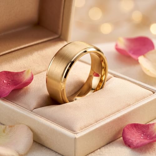 Tungsten Wedding Band Ring Black 10mm Men Women Comfort Fit 18k Rose Gold Step Edge Brushed Polished - color: Yellow Gold Tungsten
