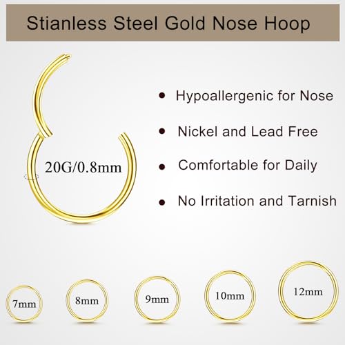 10Pcs Gold Nose Ring Hoop 18G/20G Clicker Nose Hoops Hypoallergenic Stainless Steel Nose Piercings Jewelry Gold Nose Jewelry Septum Helix Cartilage Lip Body Piercings for Women Men 7mm 8mm 9mm 10mm 12mm - color: Gold and Silver-20G