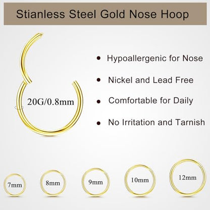 10Pcs Gold Nose Ring Hoop 18G/20G Clicker Nose Hoops Hypoallergenic Stainless Steel Nose Piercings Jewelry Gold Nose Jewelry Septum Helix Cartilage Lip Body Piercings for Women Men 7mm 8mm 9mm 10mm 12mm - color: Gold and Silver-20G