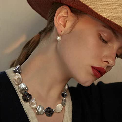 Pearl Choker Necklace for Women Boho Beaded Statement Necklace with Black White Large Freshwater Pearls Silver Fashion Jewelry Gift - color: Black white grey
