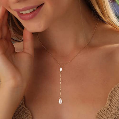 Pearl Necklaces for Women,14K Real Gold Plated Dainty Cute Pearl Necklace for Women Handmade Pearl Chain Necklace Everyday Jewelry Gift - color: Y Style-Two Pearl-Gold