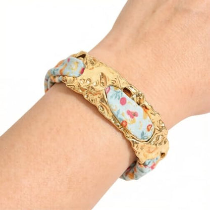 Hammered Gold Metal Silk Scarf Bangle Women,Chunky Fabric Wrapped Open Cuff Bracelet,Boho Ethnic Style Geometric Jewelry, Elegant Statement Wrist - color: Blue