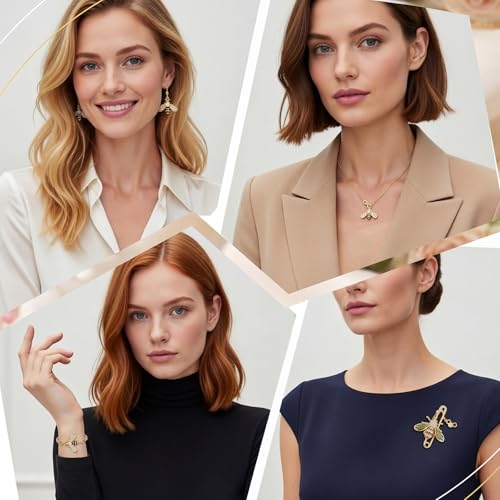 Sureio 4 Pcs Bee Jewelry Gift Set for Women, Yellow Gold Crystal Copper Bee Earrings, Bracelet, Necklace and Brooch Pin for Animal Jewelry Accessory Gift for Women